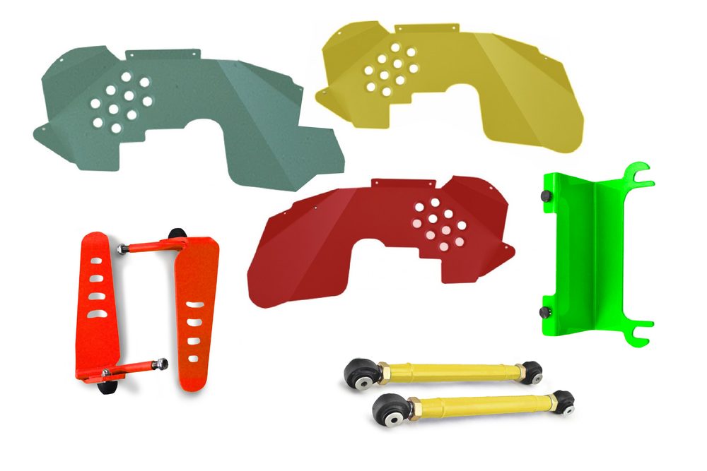 Powder-coated parts on a rack